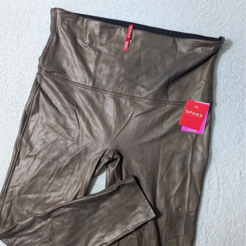 NEW! Spanx Leggings Women 2X Bronze Metal Faux Leather Stretch 2437P High Waist